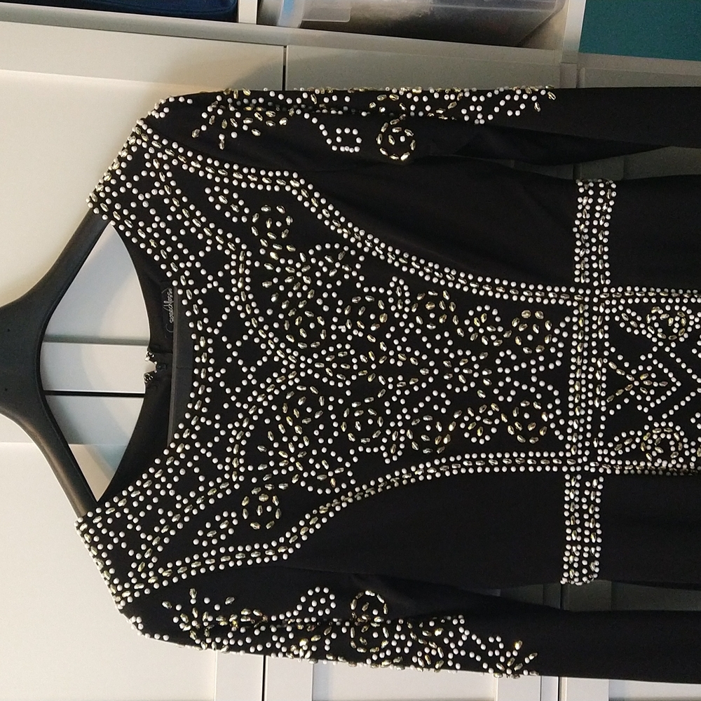 Women's black dress with white and gold studs sides 15